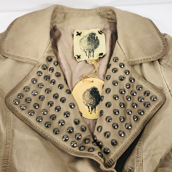 Black Sheep Women’s Studded Jacket Moto Style Tan - Picture 2 of 8